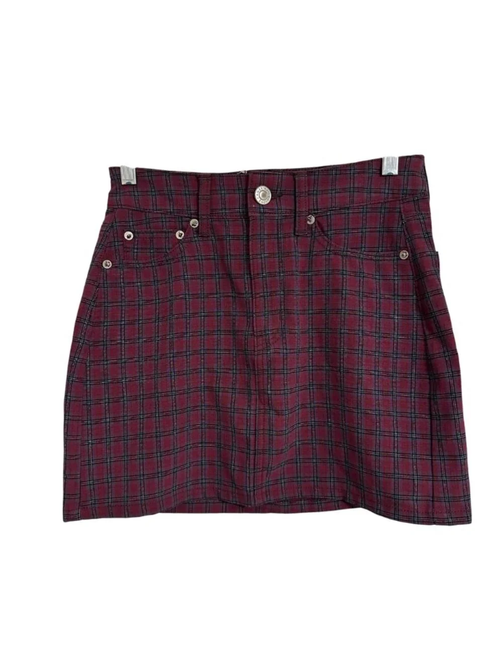 American Eagle Outfitters Hi-Rise Mini Skirt Plaid Maroon Black SZ 00 Preppy - Picture 2 of 12